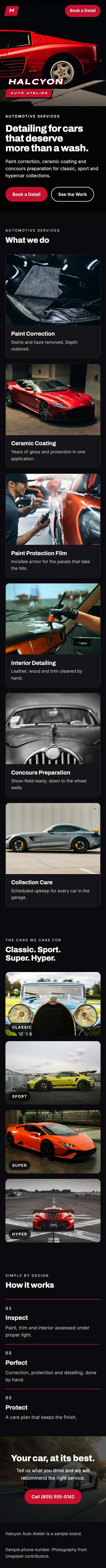 Halcyon Auto Atelier website on a phone. Full page: The whole landing page.
