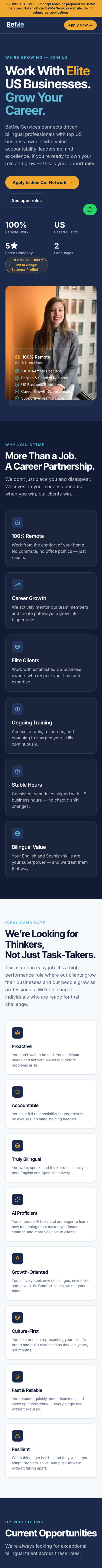 BetMe Services careers page website on a phone. Careers page: The proposal page, top to bottom.
