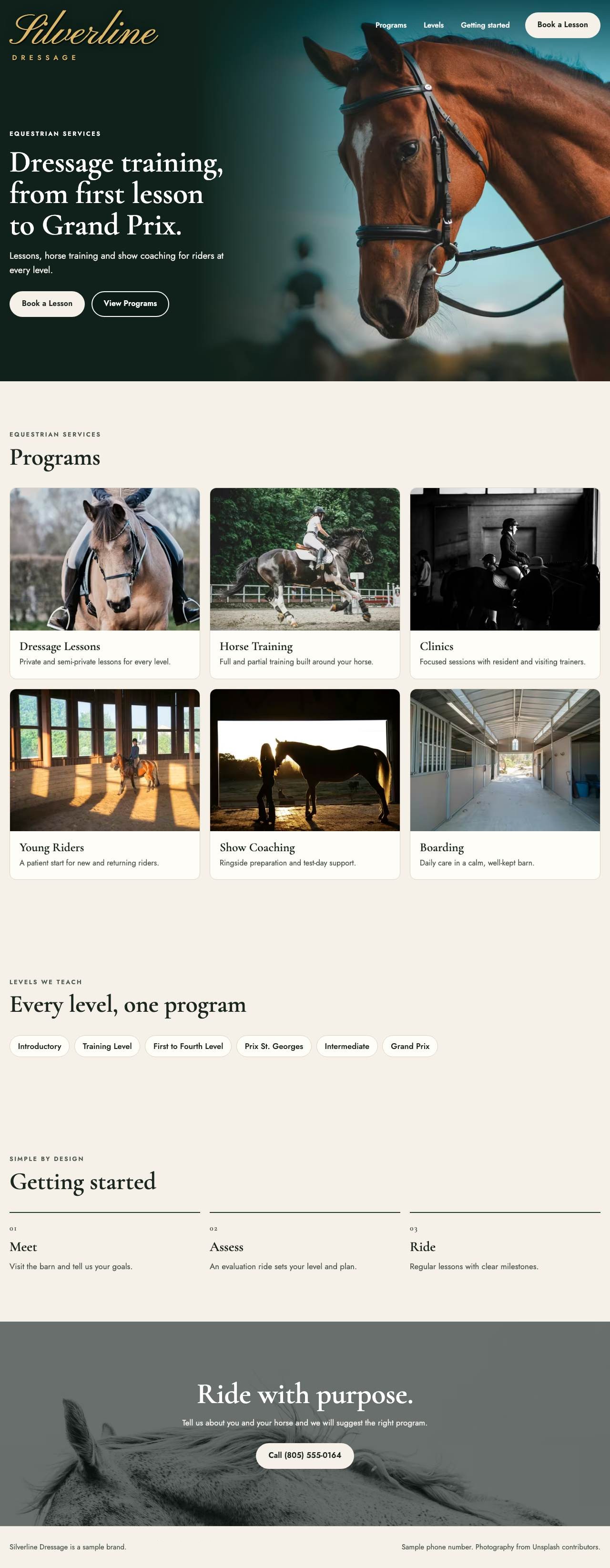 Silverline Dressage website on a computer. Full page: The whole landing page.