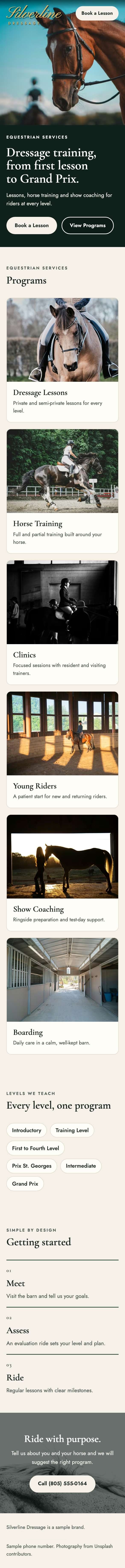 Silverline Dressage website on a phone. Full page: The whole landing page.