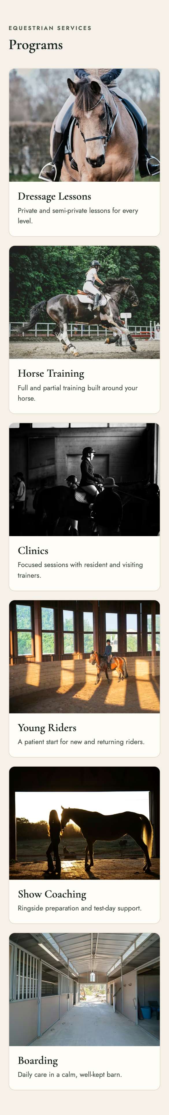 Silverline Dressage website on a phone. Programs: One short line per program, each with a photo.