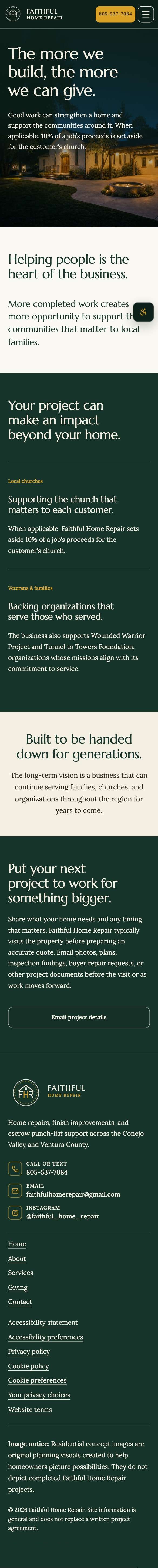 Faithful Home Repair website on a phone. Giving: A page for the giving program behind the business.
