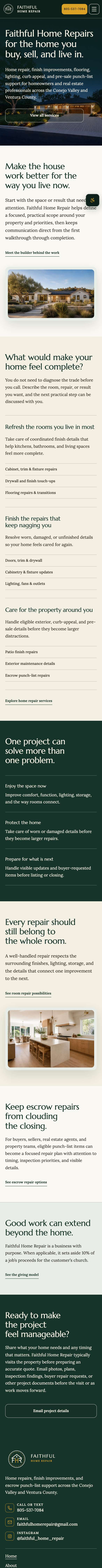 Faithful Home Repair website on a phone. Home: The home page, with a call or text button in the first screen.