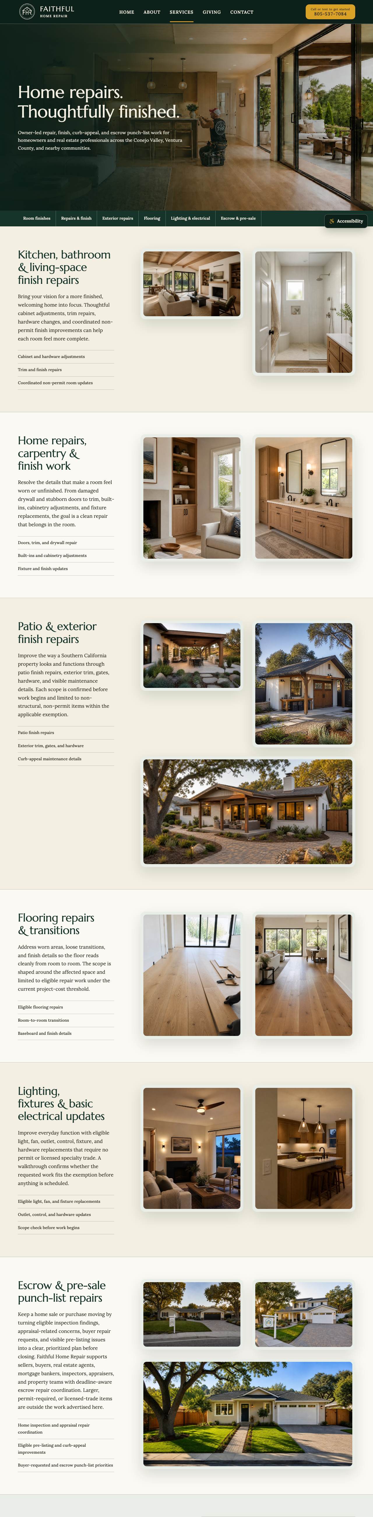 Faithful Home Repair website on a computer. Services: Six service groups, each with pictures, and the areas served.