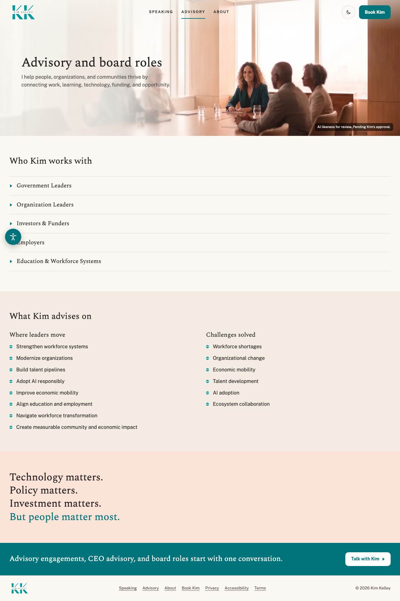 Kim Kelley website on a computer. Advisory: Who the advisory work is for and what it covers.
